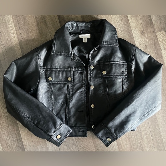 TOPSHOP Womens Faux Leather Button Up Moto Jacket Black - Picture 1 of 5